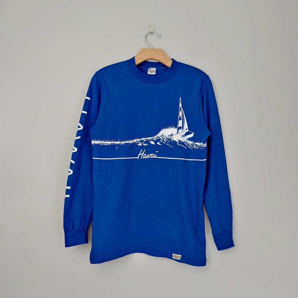 Vintage Crazy Shirts Hawaii Size Small Blue Sailboat 70s 80s Single Stitch